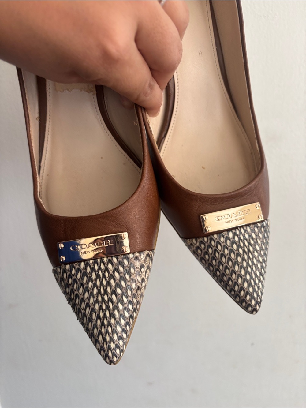 COACH Brown Leather Pointed Toe Flats with Patterned Toe and Gold Plaque - Picture 16 of 16